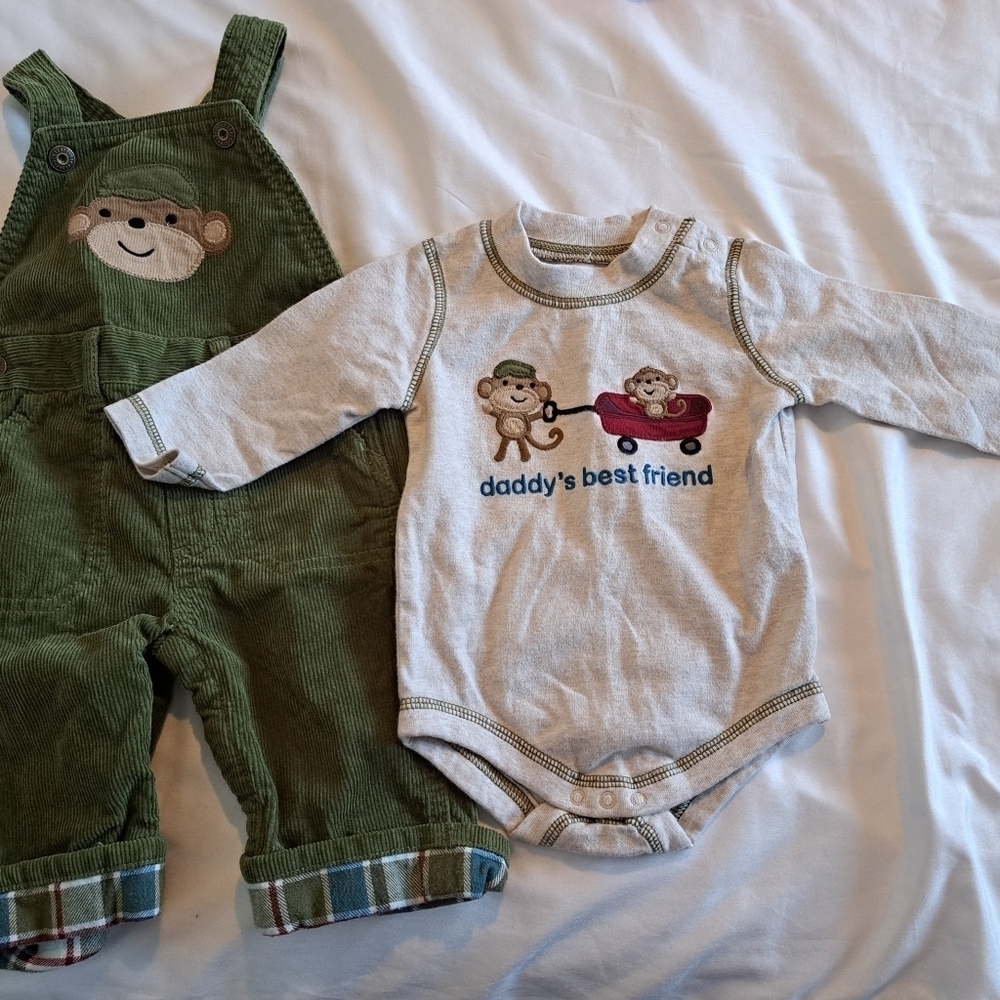 Gymboree boys 3-6 months Silly Monkey line bodysuit & overalls EUC